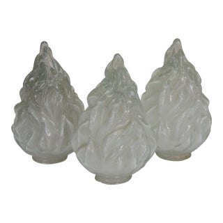 Antique French Empire Frosted Glass Flambe Flame Torch Lamp Chandelier Shades - Set of 3 For Sale