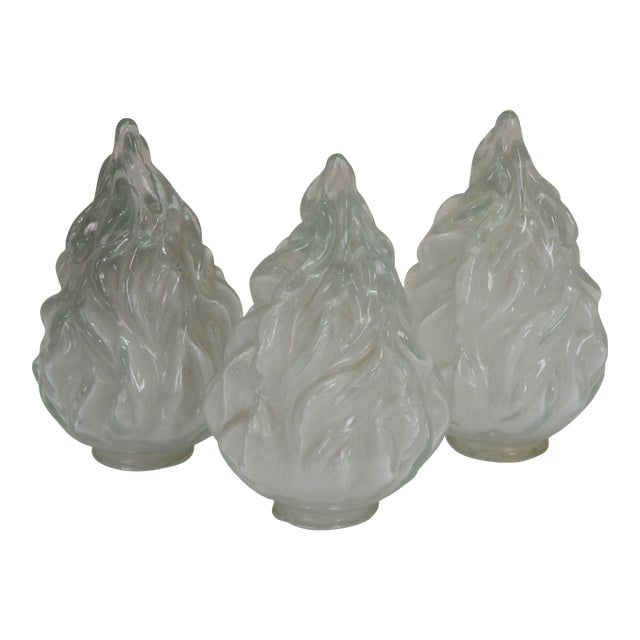 Antique French Empire Frosted Glass Flambe Flame Torch Lamp Chandelier Shades - Set of 3 For Sale