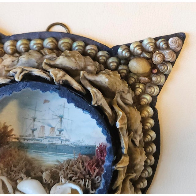 Late 19th Century Edwardian Shellwork Valentine Diorama of a Royal Navy Cruiser, Star-Shaped Frame For Sale - Image 5 of 9