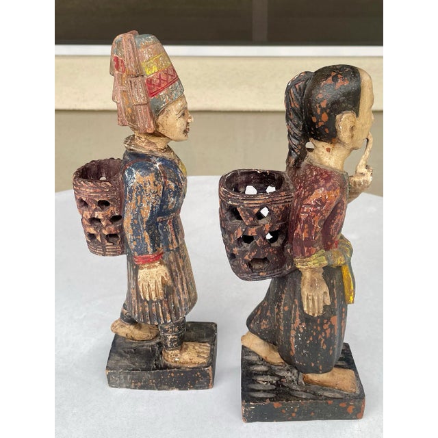 Wood Vintage Asian Carved & Painted Wood Man and Woman Figures - Set of 2 For Sale - Image 7 of 10