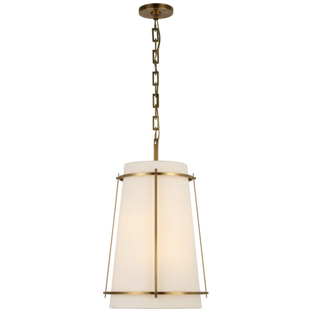 Carrier & Company for Visual Comfort Signature Callaway Medium Hanging Shade in Hand-Rubbed Antique Brass with Linen Shade & Frosted Acrylic Diffuser For Sale