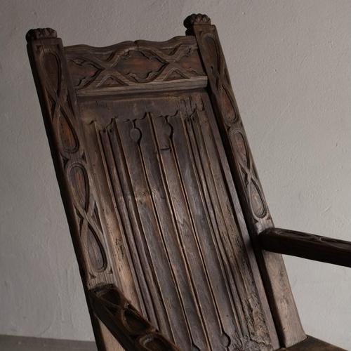 Antique Primitive Carved Oak Armchair, Belgium For Sale - Image 9 of 16