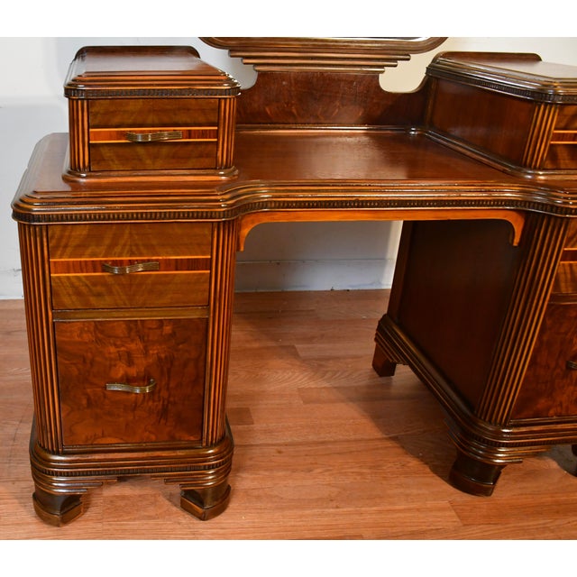 Wood 1950s Vintage Art Deco Walnut Inlaid Vanity and Mirror / Makeup Table For Sale - Image 7 of 16
