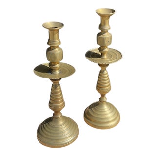 Pair of Vintage Brass Candlesticks – Sculptural Tiered Form For Sale