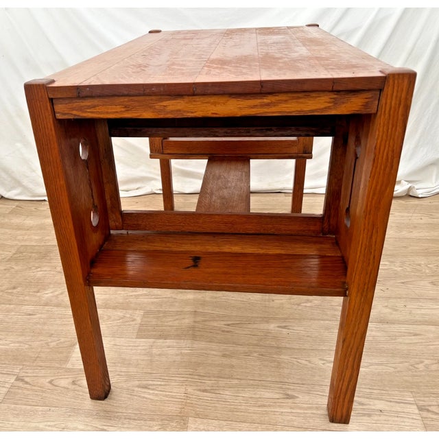 Wood Antique Mission Arts and Crafts Library Desk, Drawer, Tiger Oak, Side Shelves For Sale - Image 7 of 12