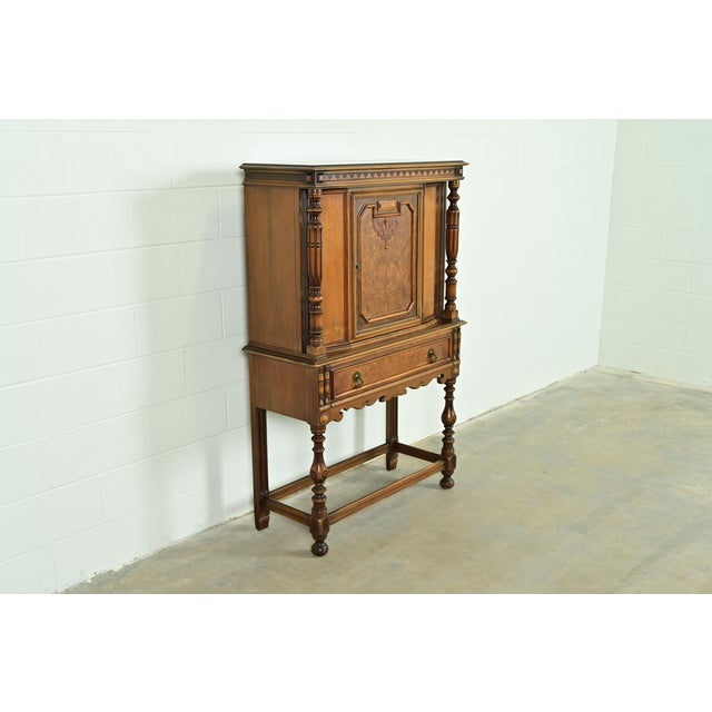 Berkey & Gay Berkey & Gay Antique English Jacobean Carved Walnut and Burl Wood Bookcase or Bar Cabinet, Circa 1920s For Sale - Image 4 of 16