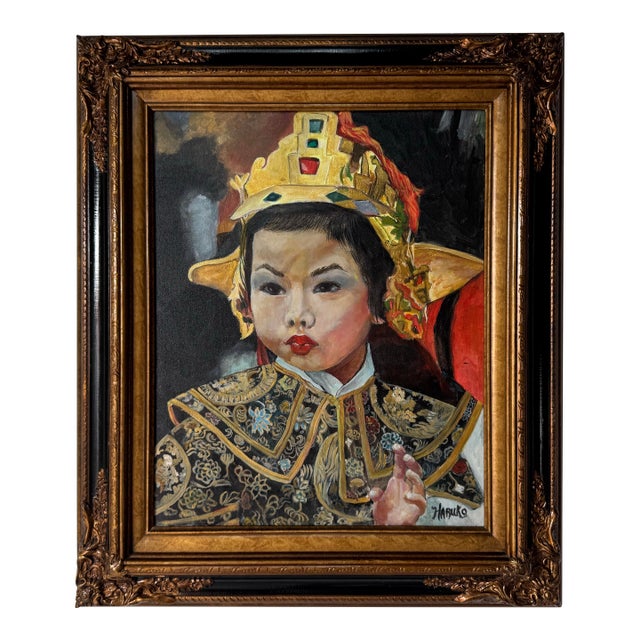 Vintage Haruko Japanese Girl Portrait Oil on Canvas Painting, Wood Framed For Sale