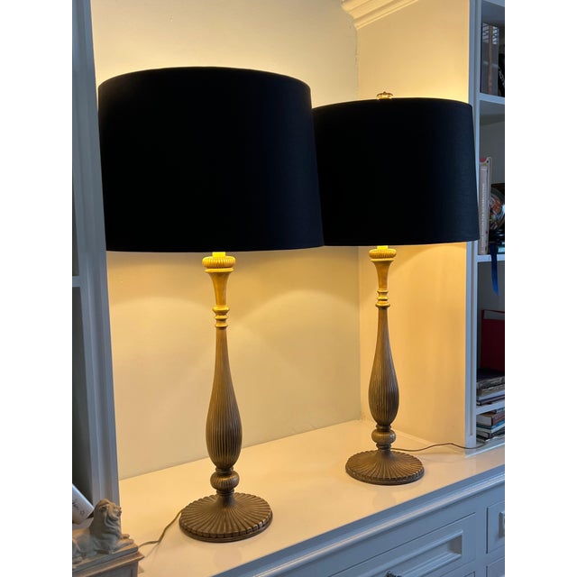 Chapman Manufacturing Company Brass Chapman Lamps with Black Silk Shades - A Pair For Sale - Image 4 of 10