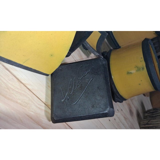 Art Deco desk set in yellow and black crackle-glazed ceramic, signed, unidentified Dimensions: Largest piece (desk lamp):...