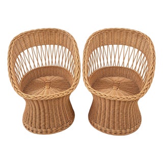 1970s Sculptural Wicker Barrel Chairs - Pair Vintage For Sale
