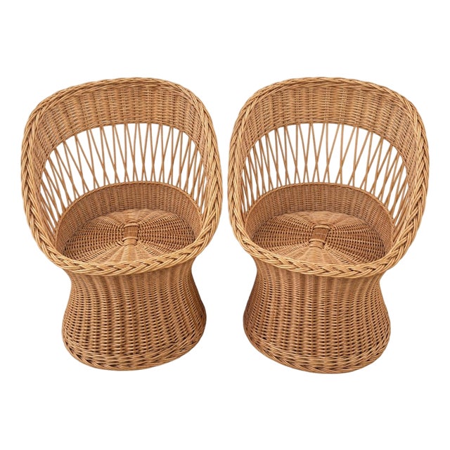 1970s Sculptural Wicker Barrel Chairs - Pair Vintage For Sale
