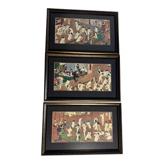 Vintage Framed Japanese Ukiyo-E Woodblock Style Triptych Prints - 3 Pieces For Sale