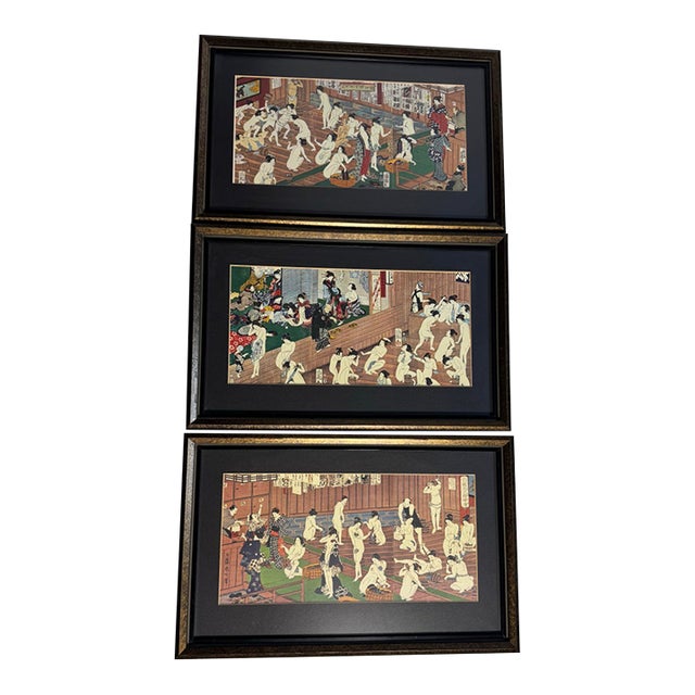 Vintage Framed Japanese Ukiyo-E Woodblock Style Triptych Prints - 3 Pieces For Sale