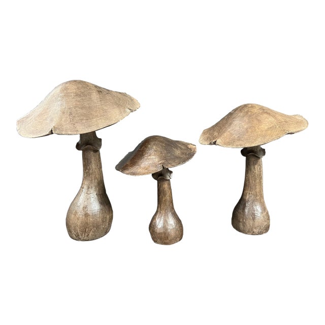Late 20th Century Set of 3 Folk Art Carved Wood Mushroom Sculpture #M45 For Sale