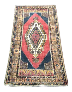 Vintage Medallion Design Turkish Red Blue Rug