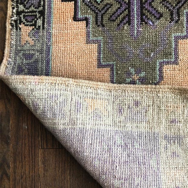 Tribal Turkish Distressed Pastel Woven Purple Pink and Peach Runner Rug or Pillow Fabric 1′8″ × 4′1″ For Sale - Image 3 of 7