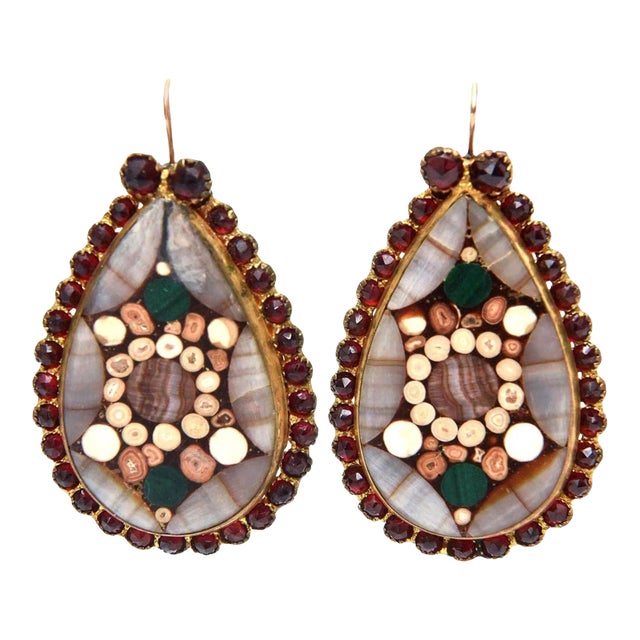 1950s Vintage Inlay Agate, Quartz, Stone Garnets Dangle Drop Pierced Earrings - 2 Pieces For Sale