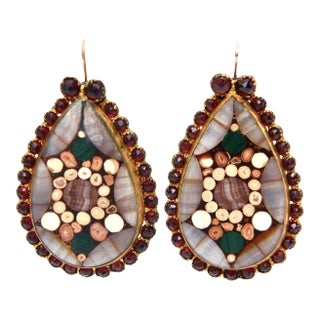 Vintage Inlay Agate, Quartz, Stone Garnets Dangle Drop Pierced Earrings 1950's Pair Of For Sale