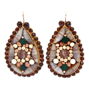 Vintage Inlay Agate, Quartz, Stone Garnets Dangle Drop Pierced Earrings 1950's Pair Of