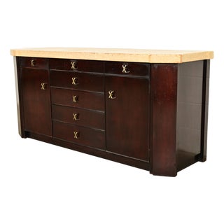 Paul Frankl for Johnson Furniture Mid-Century Modern Hollywood Regency Mahogany Sideboard or Bar Cabinet | Circa 1950s For Sale