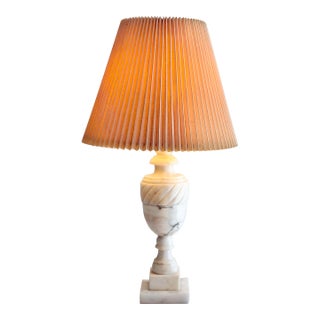 Vintage Italian Neoclassical Style Carved Alabaster Table Lamp With Pleated Lamp Shade For Sale