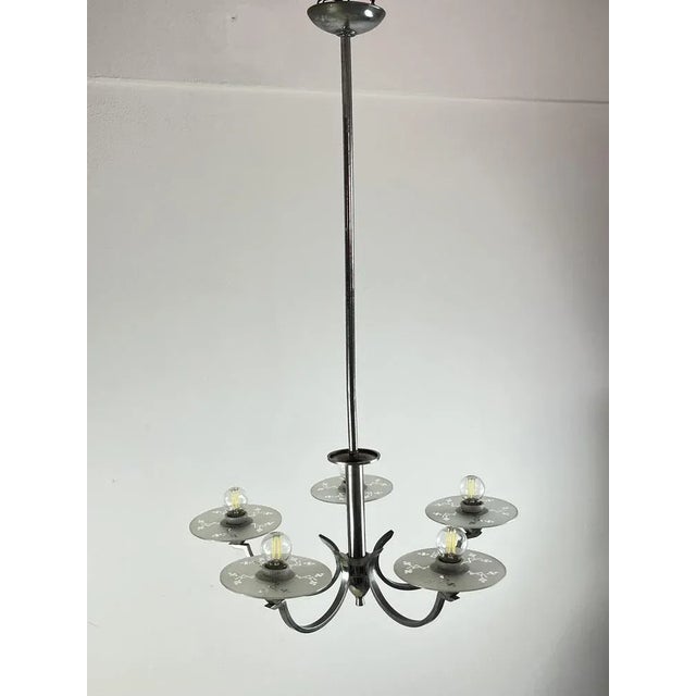 Italian Five-Light Metal and Glass Chandelier, 1940s For Sale - Image 12 of 12