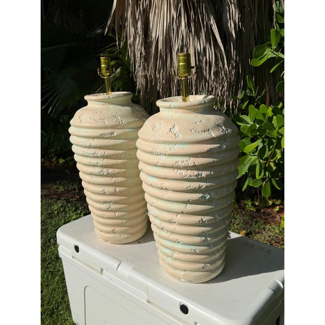 Late 20th Century Vintage Sculptural Ribbed Plaster Table Lamps, a Pair For Sale - Image 5 of 12