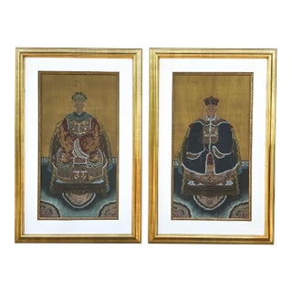 Large Scale Late 19th-C. Hand Painted Chinese Ancestral Portraits Un Water Gilt Frames - S/2 For Sale