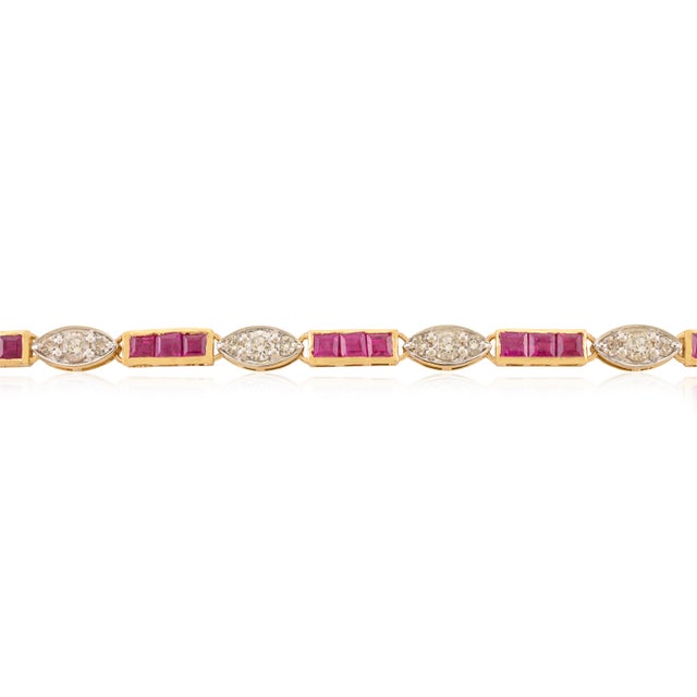 English 3.76 Ct Channel Set Ruby Vintage Wedding Bracelet in 14k Gold With Diamonds For Sale - Image 3 of 14