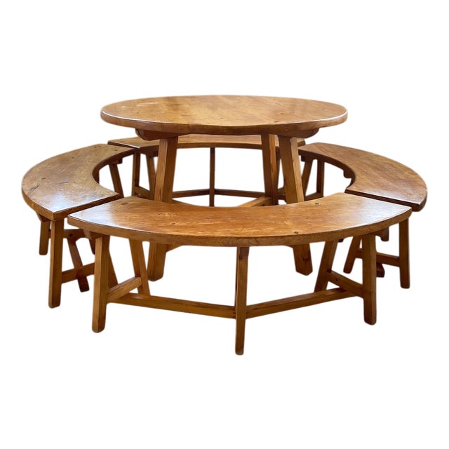 Round Table Set and Rounded Benches, 1950s, Set of 5 For Sale