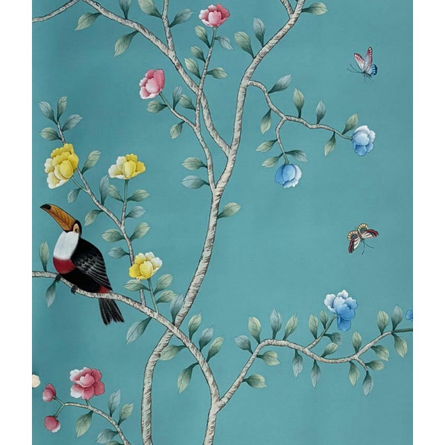 Hand Painted Teal Tropical Chinoiserie Toucan Floral Mural 3-Panel Set For Sale - Image 4 of 4