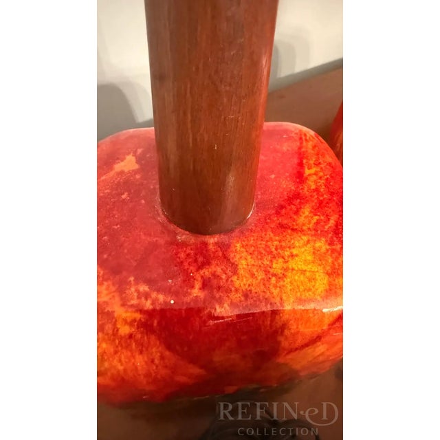 Orange Pair of Mid-Century Modern Lava Glaze Ceramic Table Lamps Attributed to Poole Pottery, Walnut Necks, 26” H, Circa 1960s–1970s For Sale - Image 8 of 16