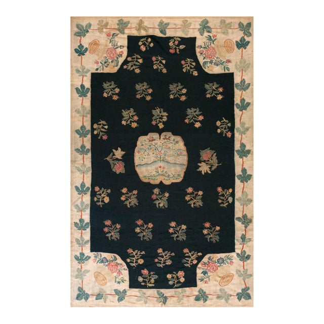 1750s Black Floral Medallion Antique Bessarabian Flat-Weave Rug 7'3" X 11'4" Wool Carpet For Sale