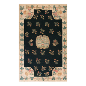 1750s Black Floral Medallion Antique Bessarabian Flat-Weave Rug 7'3" X 11'4" Wool Carpet