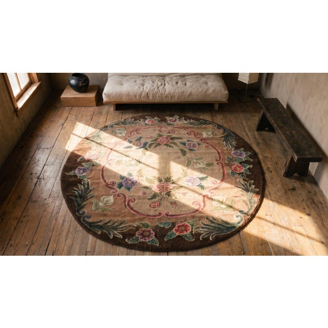 1920s Tan Almond Floral Folk Art Antique American Hooked Rug 6'6"x 7'5" Handknotted Wool Carpet For Sale - Image 10 of 11