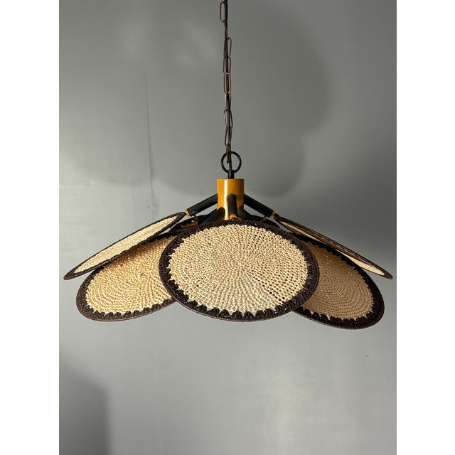 Beige Mid-Century Rattan Fan Pendant Lamp in the style of Ingo Maurer, 1970s For Sale - Image 8 of 18