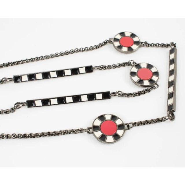 Karl Lagerfeld Gunmetal Long Necklace with Red and Black Enamel For Sale - Image 12 of 13
