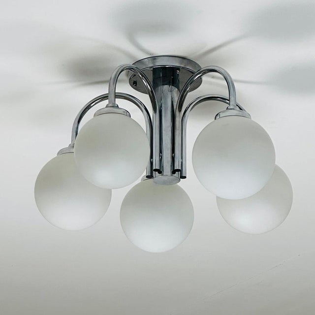 Chrome-Plated Atomic Sputnik Chandelier with White Glass Balls, 1970s For Sale - Image 4 of 11