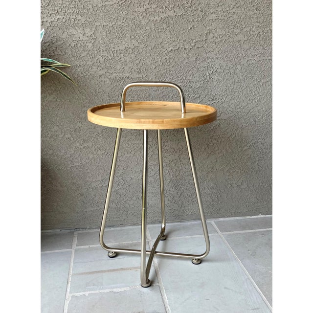 Industrial Modern Artisan Handcrafted Natural Rubberwood & Steel Occasional Table For Sale - Image 12 of 12