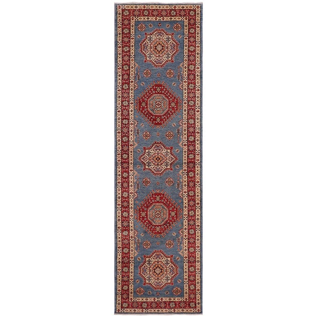 Rustic Super Kazak Light Blue/Red Wool Runner Rug- 2'5'' X 9'9'' For Sale - Image 10 of 10
