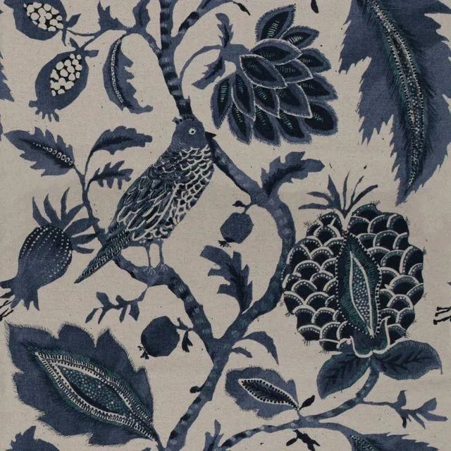 The Chairish Collection Mirasol Scalloped Ottoman, Indigo Botanical Cotton with Navy Legs For Sale - Image 4 of 7