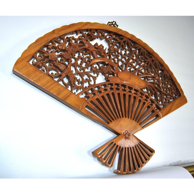 Japanese Japanese Rosewood Scuptured Wall Fan With Cherry Blossom Birds and Bamboo Trees For Sale - Image 3 of 9