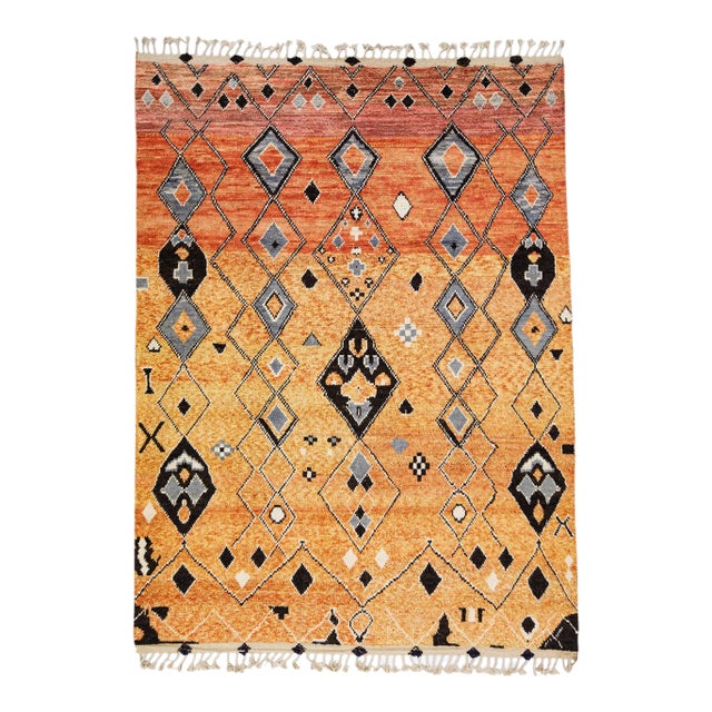 Orange Modern Moroccan Style Handmade Geometric Wool Rug For Sale