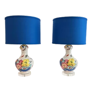 Late 20th Century Chinoiserie Tobacco Leaf Porcelain Lamps With Hued Blue Shades – a Pair