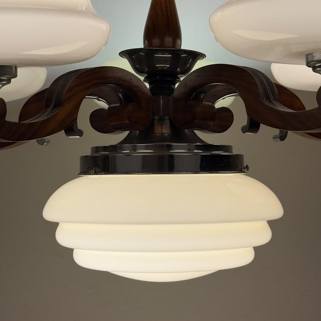 1950s Large Art Deco Chandelier in Glass, Metal, and Wood, Italy, 1950s For Sale - Image 5 of 18