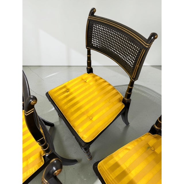 Late 20th Century Set of Six Baker Furniture Regency Ebonized and Parcel Gilt Cane Dining Chairs For Sale - Image 11 of 14