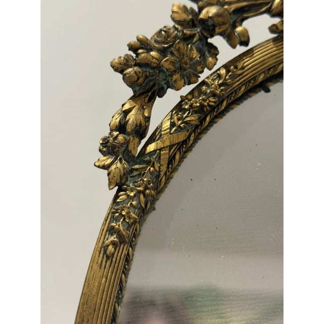 Antique French Gilt Bronze Oval Mirror With Floral Crest For Sale - Image 4 of 8