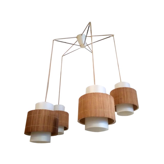 Ceiling Lamp with Opal Glass Umbrellas and Bast, 1960s For Sale