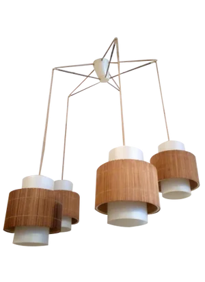 Ceiling Lamp with Opal Glass Umbrellas and Bast, 1960s