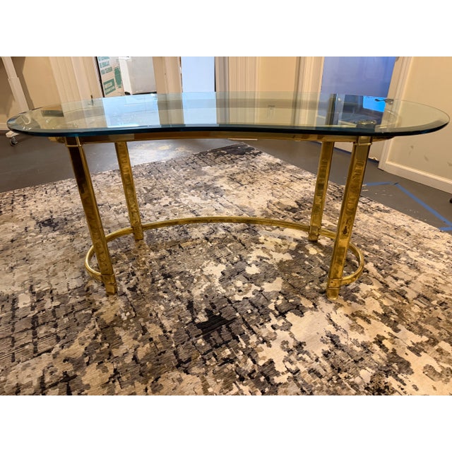 Hollywood Regency Vintage Hollywood Regency Brass and Kidney-Shaped Glass Writing Desk For Sale - Image 3 of 8